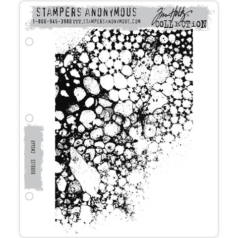 Bubbles ... rubber stamp set by Tim Holtz and Stampers Anonymous - 1 (one) large textured design and 1 (one) large acrylic Grid Block (CMS449).   This wonderfully textured looking design is full of realistic bubbles of all sizes and shapes. It is perfect for every day, using in art journaling, cardmaking, junk journals, scrapbooking, craft holidays and other arty moments.   Stamp size is approx : 5" x 7 1/2".