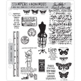 Attic Treasures ... 13 (thirteen) rubber stamps by Tim Holtz (CMS123). Butterflies, backgrounds, haberdashery mannequin and much more!