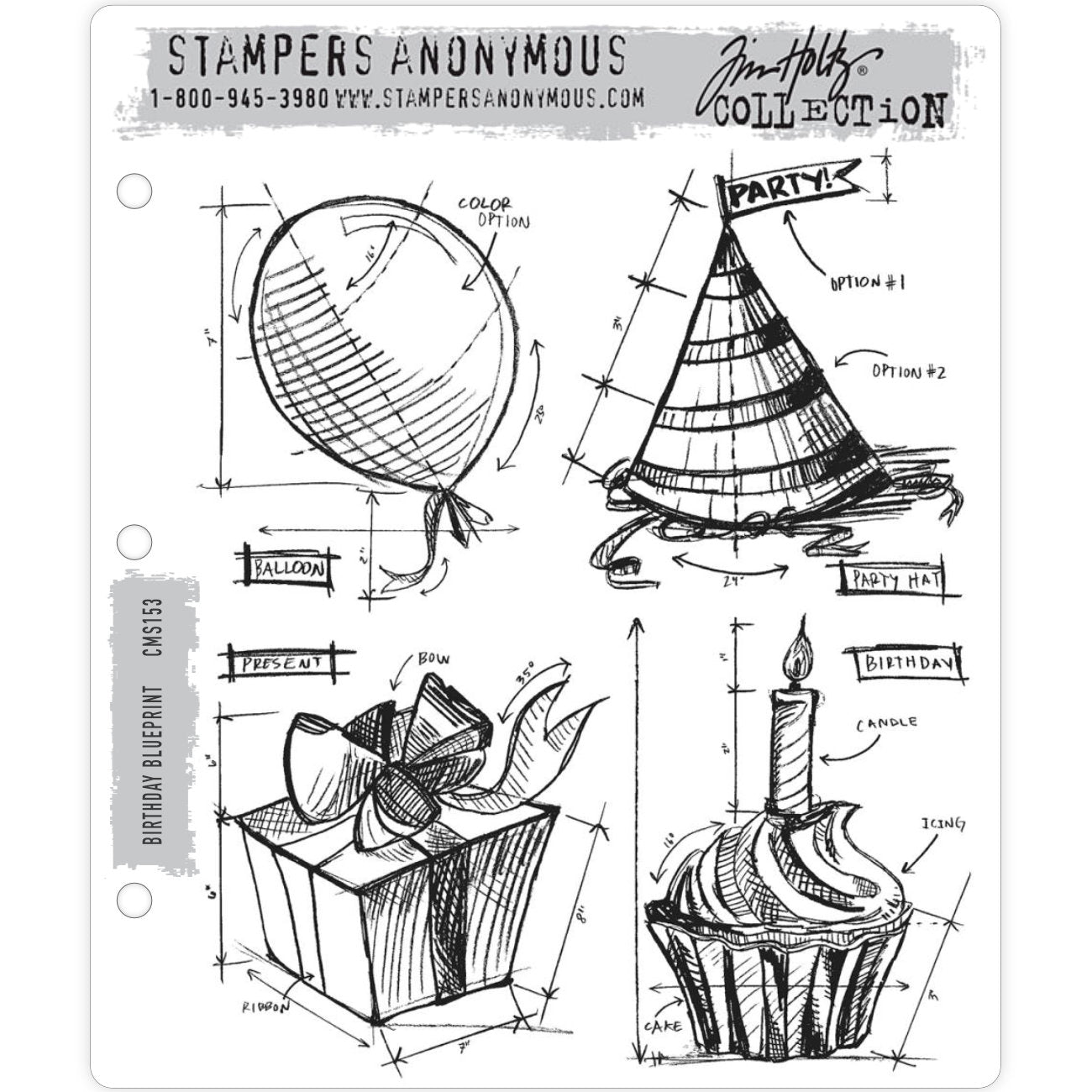Birthday Blueprint rubber stamps by Tim Holtz and Stampers Anonymous (CMS153). 4 (four) designs - balloon, party hat, wrapped gift, cupcake with candle - designs feature arrows, lines and notation, markings often found on vintage architectural plans. This set include a floating round balloon, a cone shaped party hat with striped pattern, giftbox wrapped beautifully with a big bow, a cupcake with swirled frosting, patty pan case and lit candle on top. 