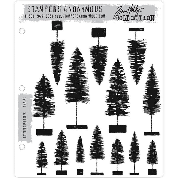 Bottlebrush Trees ... by Tim Holtz, made by Stampers Anonymous (CMS455). Set of 14 (fourteen) cling mounted red rubber stamps. A set of beautifully illustrated pine trees of different sizes and shapes, each with little stands, perfect for greeting cards, tags, journaling, scrapbooking, memory keeping, planners and other festive projects - perfect for trees or as carrots. All designed in a vintage style with exquisite detail.