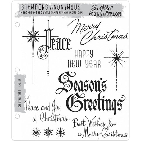 Christmastime 2 (set no.2) ... by Tim Holtz and Stampers Anonymous (cms389). 8 (eight) Christmas inspired red rubber stamps for celebrating and creating cards, tags, mixed media, journaling, visual arts and papercrafts.  This set is beautiful... the word Peace is in the style of illuminated lettering (calligraphy with swishes, swirls and large star), Season's Greeting is in an olde worlde handlettered script, Happy New Year is uppercase more modern font. 