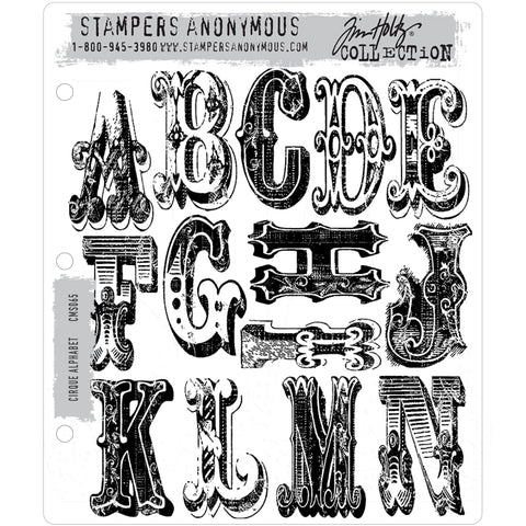 Cirque Alphabet ... 29 (twenty nine) rubber stamps by Tim Holtz (CMS079). Letters are approx 2 1/4" high. Set includes 3 (three) decorative scrolls.  This wonderful set of stamps includes all 26 letters of the alphabet and 3 intricate scroll dividers. The illuminated uppercase letters are designed using a style of lettering often used for circuses and carnivals many years ago. image showing - abcdefghijklmn