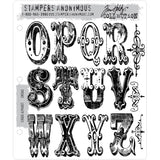 Cirque Alphabet ... 29 (twenty nine) rubber stamps by Tim Holtz (CMS079). Letters are approx 2 1/4" high. Set includes 3 (three) decorative scrolls.  This wonderful set of stamps includes all 26 letters of the alphabet and 3 intricate scroll dividers. The illuminated uppercase letters are designed using a style of lettering often used for circuses and carnivals many years ago. image showing -  opqrstuvwxyz and 3 scrolls