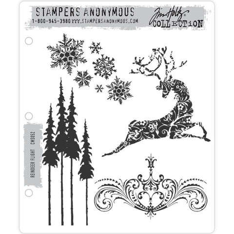 Reindeer Flight ... Tim Holtz and Stampers Anonymous. 4 (four) red rubber, cling foam mounted art stamps (CMS052).   Christmas art journaling, mixed media and greeting cards always look amazing with snowflakes, tall pine trees, a flourish and a beautiful reindeer. 