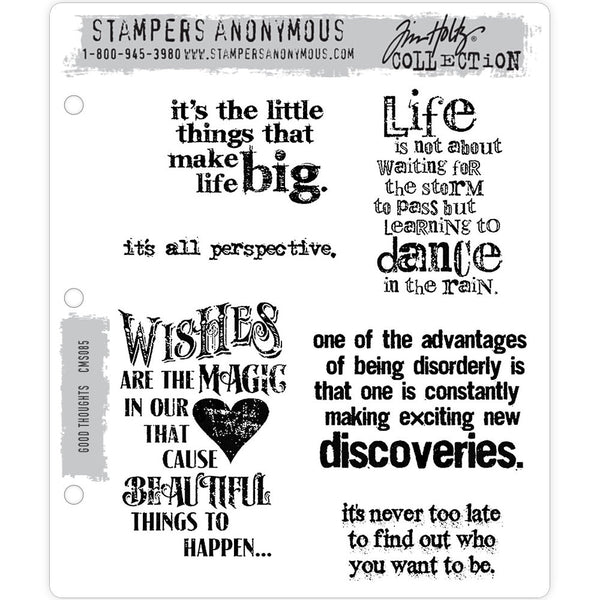 Good Thoughts ... Stamp Set by Tim Holtz - 6 (six) cling mounted red rubber stamps (cms085) designed by Tim and made by Stampers Anonymous.   One of Tim's earlier creations, this set includes six quote stamps. Each quote has a positive message and created using well balanced typography with a little bit of grunge.