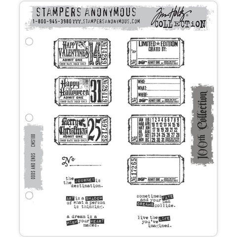 Odds and Ends ... stamp set by Tim Holtz and Stampers Anonymous - 13 (thirteen) cling mounted red rubber stamps (CMS100).   A wonderful collection of vintage tickets, with quotes 