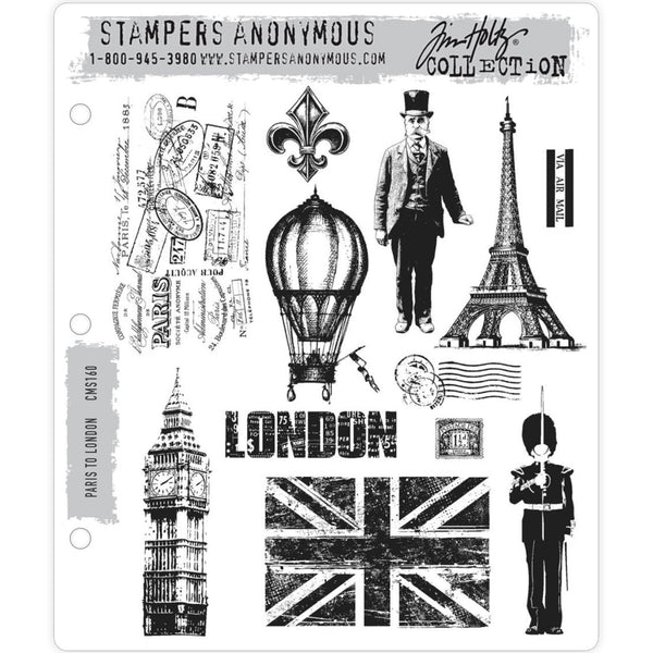 Paris to London ... 12 (twelve) rubber stamps by Tim Holtz (CMS160) with Eiffel Tower, Big Ben, Hot air balloon and more