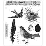 Bird Feather ... by Tim Holtz - 7 (seven) cling mounted rubber stamps by Stampers Anonymous (cms180). Birds, nest, feather and eggs.  All Tim's stamps are beautifully detailed and lifelike, in the style of antique engravings.  Sizes (approx) : Flying bird (swallow) measures approximately 3 1/4" x 2 1/2", feather measures approximately 1 1/8" x 5 3/8".