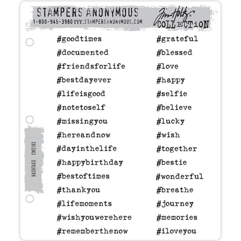 Hashtags ... stamp set by Tim Holtz and Stampers Anonymous - 30 (thirty) cling mounted rubber stamps (CMS183).   This collection of words from Tim are ideal to add thoughts to your makes using the style of an Instagram or social media tag