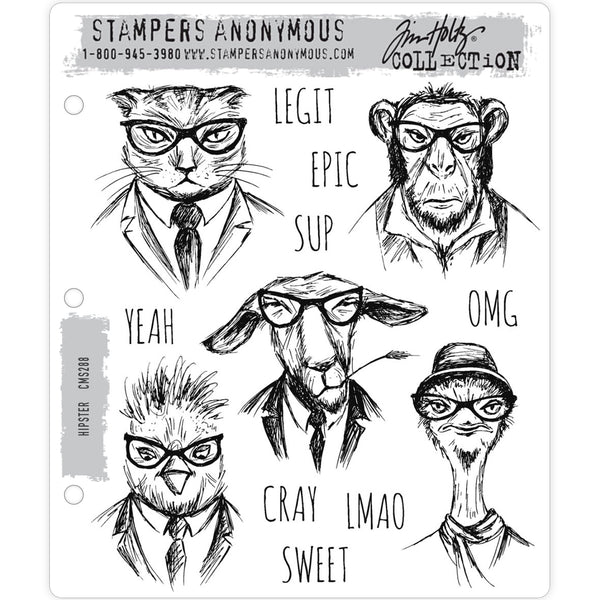 Hipster ... Tim Holtz Cling Stamps - 5 animal portraits (cat, chimp, goat, bird, ostrich) with hipster glasses and epic sayings. 13 Stamps (cms288).  Cool, calm and collected but ready for serious business ... this group of trendy friends have had their portraits drawn by Tim.   In this set are a cat, goat and bird in business suits and ties, a chimp with open neck shirt and waistcoat, an ostrich with scarf and hat. The sayings are : yeah, legit, epic, sup, omg, cray, lmao, sweet - in a tall uppercase font.
