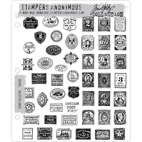 Stamp Collector ... 49 (forty nine) cling mounted rubber stamps by Tim Holtz (CMS338).   This set of Tim's is full of vintage imagery of postage stamps and labels