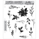 Winter Watercolor ... rubber stamps by Tim Holtz and Stampers Anonymous (cms354). 16 (sixteen) designs.  This selection of beautiful foliage and flowers are perfect for Christmas cards, tags, journaling, scrapbooking, memory keeping, planners and other festive projects.  Featuring watercolour painted styled images of a holly, poinsettias, pine leaves, leafy sprigs and other foliage. All designed with beautiful intricate detail.