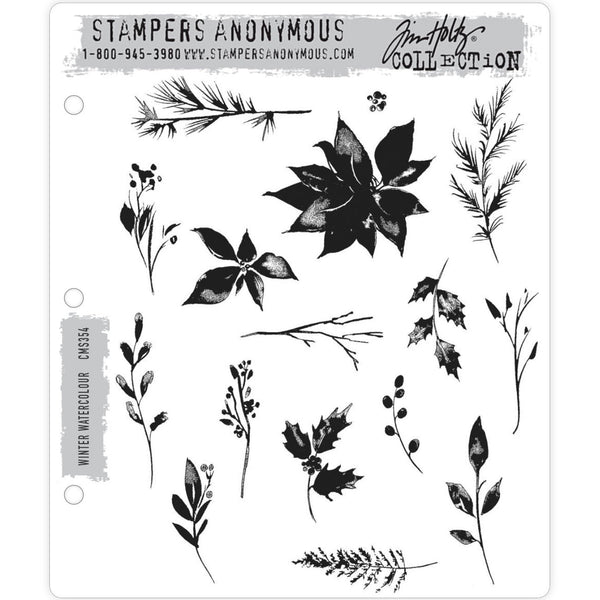 Winter Watercolor ... rubber stamps by Tim Holtz and Stampers Anonymous (cms354). 16 (sixteen) designs.  This selection of beautiful foliage and flowers are perfect for Christmas cards, tags, journaling, scrapbooking, memory keeping, planners and other festive projects.  Featuring watercolour painted styled images of a holly, poinsettias, pine leaves, leafy sprigs and other foliage. All designed with beautiful intricate detail.