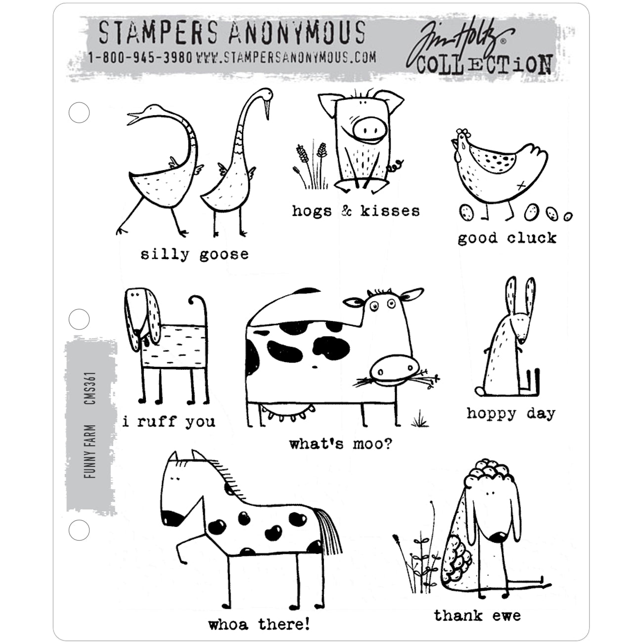 Funny Farm ... by Tim Holtz and Stampers Anonymous (cms361). 8 (eight) fun characters of animals and birds (geese, pig, chook/chicken, dog, dairy cow, rabbit, sheep, horse/pony), each with a message to say in their own way. Set includes 16 (sixteen) designs (8 cling mounted deeply etched red rubber stamps) for creating journal pages, scrapbooking, art, cards, tags, mixed media, visual arts and papercrafts.