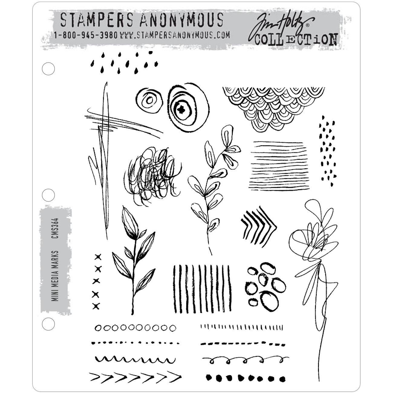 Mini Media Marks ... rubber stamps by Tim Holtz and Stampers Anonymous (CMS364). 22 (twenty two) illustrations to use for backgrounds, filling in areas (like colouring in), adding as featured elements and stamping patterns for papercrafts and visual arts.&nbsp;  Featuring a collection of stitched knots, sketches, spots, leaves, lines, scallops, arrows, swirls, spirals and more. Drawn in a loose freestyle technique with fine sketchy lines.