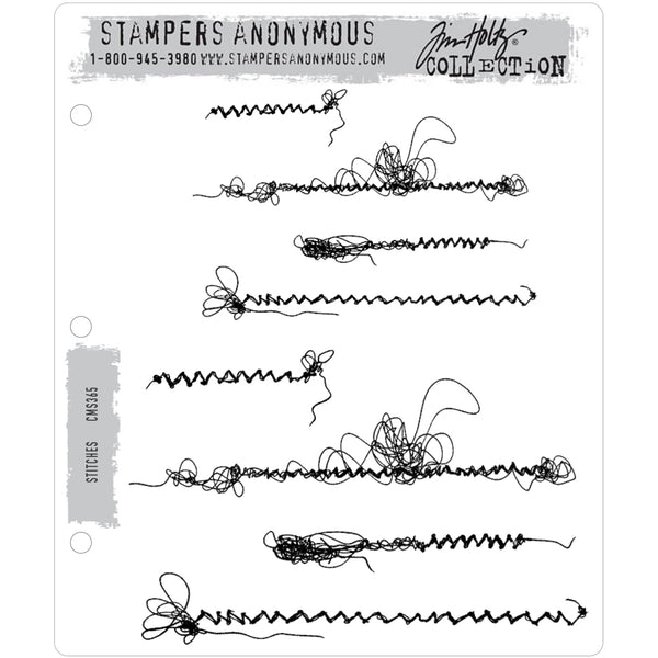 Stitches ... Knotted sewn threads - but without breaking a needle in your sewing machine! - set of 8 rubber stamps by Tim Holtz (cms365).  A set of 8 stamps perfect for cards, tags, journaling, scrapbooking, memory keeping, planners, off the page crafts, stamping and other papercraft projects.  Imagine sewing zigzag borders and edges on your cards, pages and artwork without knotting up the threads in the sewing machine! Stamp them instead :) 