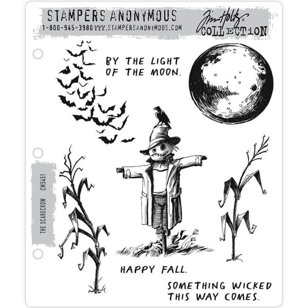 The Scarecrow ... stamp set by Tim Holtz and Stampers Anonymous - 8 (eight) cling mounted rubber stamps (CMS451).    Grow your own corn field with these fabulous stalks of corn (or maize), fantastic scarecrow (with a crow on his hat that clearly is not scared), flock of flying bats (vampire, fruit or ghost), 3 quotes and a wonderful full moon. 