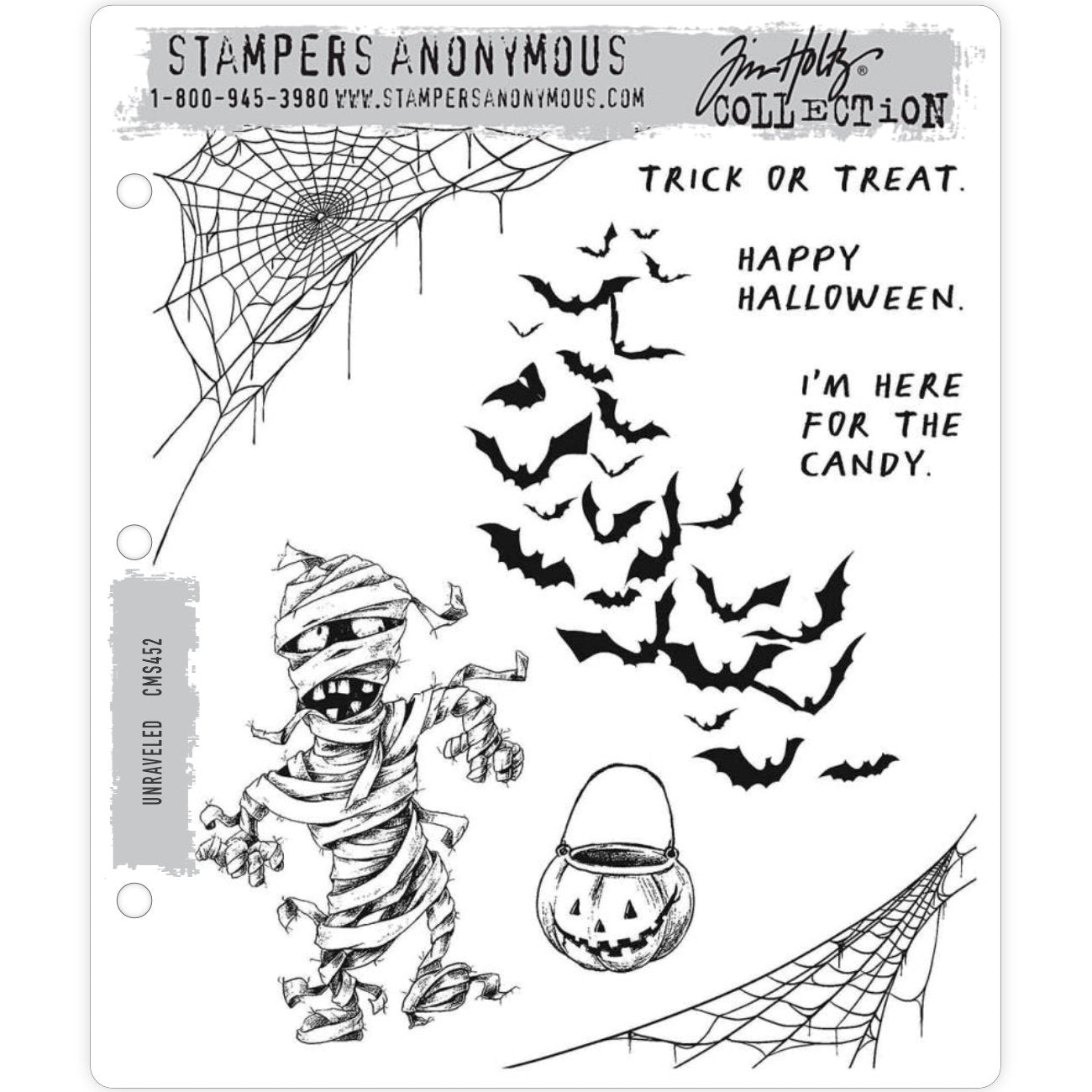 Unravelled ... stamp set by Tim Holtz and Stampers Anonymous - 8 (eight) cling mounted rubber stamps (CMS452). &nbsp;  Have fun creating with this fabulous Mummy with his big toothy grin and unravelling fabric strips (falling apart from all his dancing, chasing and stomping), a wonderful happy little pumpkin basket (for the Mummy's trick or treating), a flock of flying bats (vampire, fruit or ghost), 3 sayings and a pair corner styled tangled webs.