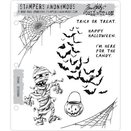 Unravelled ... stamp set by Tim Holtz and Stampers Anonymous - 8 (eight) cling mounted rubber stamps (CMS452). &nbsp;  Have fun creating with this fabulous Mummy with his big toothy grin and unravelling fabric strips (falling apart from all his dancing, chasing and stomping), a wonderful happy little pumpkin basket (for the Mummy's trick or treating), a flock of flying bats (vampire, fruit or ghost), 3 sayings and a pair corner styled tangled webs.