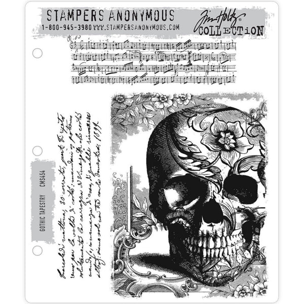 Gothic Tapestry ... stamp set by Tim Holtz and Stampers Anonymous - 3 (three) cling mounted rubber stamps (CMS454).   Add this beautifully decorated large skull to your art this Halloween ... with this amazing skull are two long stamps. One is sheet music and the other is a handwritten paragraph of beautiful writing.