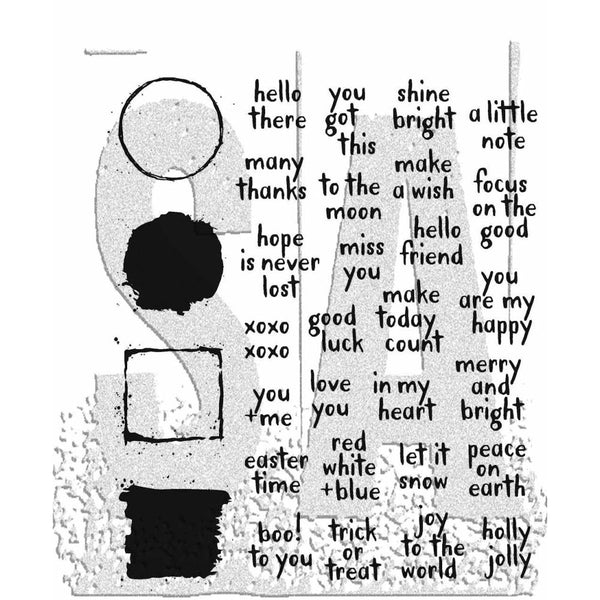 Note Quotes ... by Tim Holtz and Stampers Anonymous (cms463). 31 (thirty one) red rubber stamps for mixed media, journaling, visual arts and papercrafts.   This set of Tim Holtz stamps features 4 inky shapes (squares and circles, each as a solid and outline) plus 27 messages in lovely neat handwriting (all lowercase, some with abbreviations, xoxo and exclamation marks).