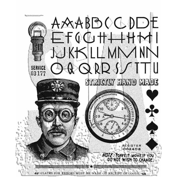 The Inspector ... by Tim Holtz and Stampers Anonymous (cms465). 14 red rubber stamps for mixed media, journaling, visual arts and papercrafts.  This set of Tim Holtz stamps features The Inspector, wearing goggles, cap, tidy mo and kindly smile. The set also includes versatile designs  ... a lightbulb, Art Deco style alphabet (uppercase with alternates), a few labels, card suits, vintage stop watch and lines with a star. 