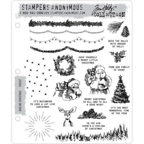 Darling Christmas ... by Tim Holtz, made by Stampers Anonymous (CMS457). Set of 22 (twenty two) cling mounted red rubber stamps.  A set of beautiful vintage engravings of borders, images and messages, perfect for Christmas cards, tags, journaling, scrapbooking, memory keeping, planners and other festive projects.