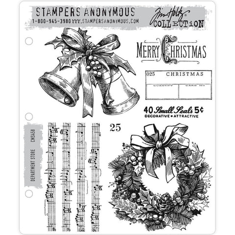 Department Store ... by Tim Holtz, made by Stampers Anonymous (CMS458). Set of 7 (seven) cling mounted red rubber stamps.  A set of beautiful vintage engravings of scenes and messages, perfect for Christmas cards, tags, journaling, scrapbooking, memory keeping, planners and other festive projects.  Featuring a few rows of sheet music, beautiful wreath, pair of bells, labels and more. 