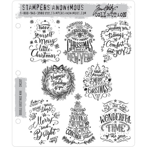 Mini Doodle Greetings - Rubber Stamp Set by Tim Holtz and Stampers Anonymous. 8 (eight) Christmas messages in typographic styled decorative lettering designs (cms287).  Beautifully styled banners with different ways to say "Merry Christmas" to loved ones. Stamps designed by Tim Holtz for you to use and enjoy. 8 stamps in total. Perfectly sized for insides and outsides of cards as well as tags, albums, book inserts and more. 