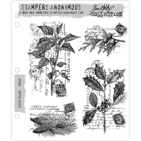 Festive Collage ... by Tim Holtz, made by Stampers Anonymous (CMS459). Set of 4 (four) cling mounted red rubber stamps.  A set of beautiful vintage engravings in a collage style, perfect for Christmas cards, tags, journaling, scrapbooking, memory keeping, planners and other festive projects.  Featuring holly, pine fronds and other leafy designs layered over a postcard stamps and postal text backgrounds. 