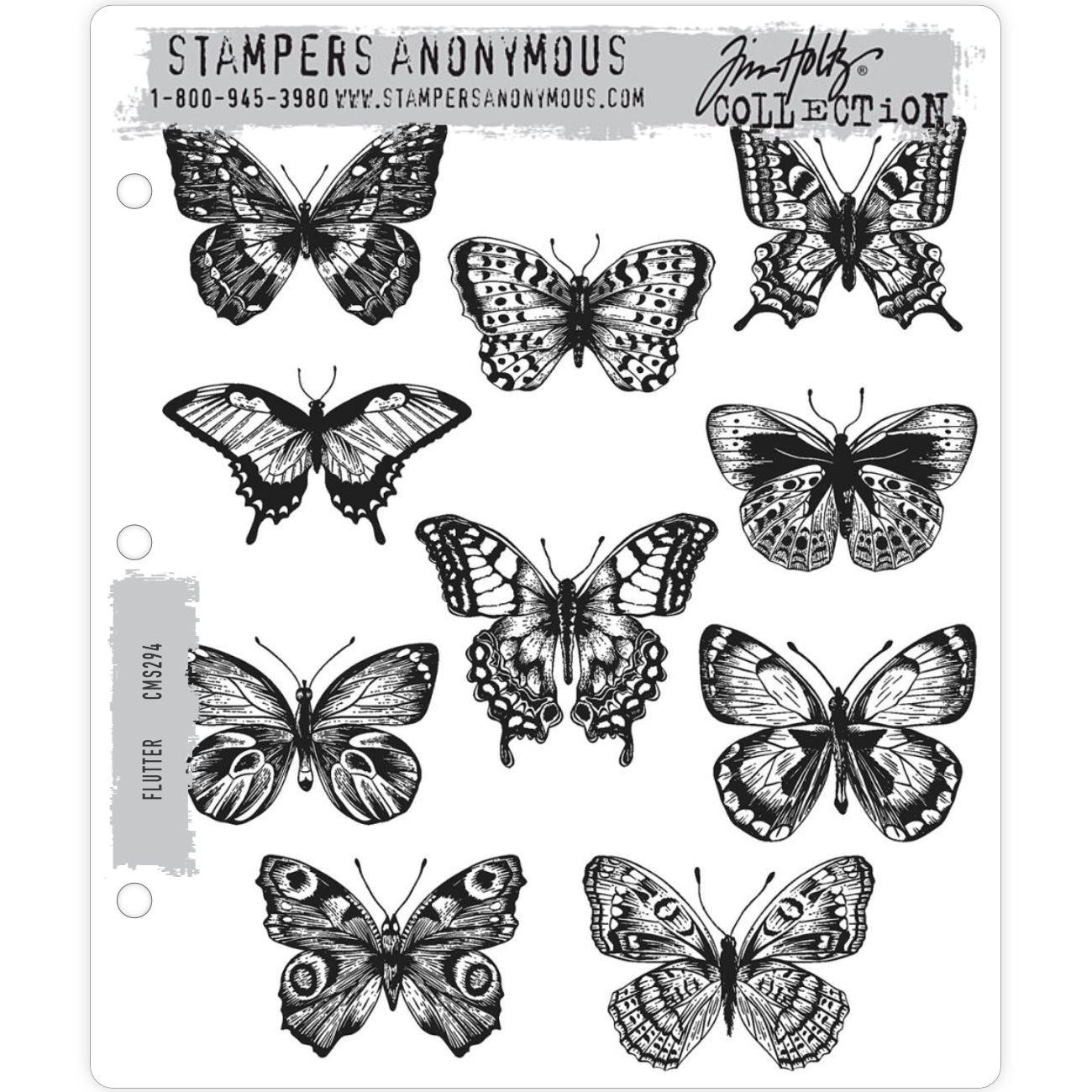 Flutter ... rubber stamps by Tim Holtz and Stampers Anonymous (cms294). This set includes 10 (ten) stunning butterfly stamps. Exquisitely detailed, these beautiful stamps include 10 different species of butterfly. Perfect for any project!

You can never have too many butterflies flying around your art and craft room! Have fun creating cards, pages and artwork that will make you and your loved ones smile. Sizes : the butterflies are all different sizes, with wingspans  up to 60mm across.