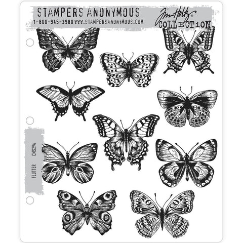 Flutter ... rubber stamps by Tim Holtz and Stampers Anonymous (cms294).   This set includes ten stunning butterfly stamps. Exquisitely detailed, these beautiful stamps include 10 different species of butterfly. Perfect for any project!  Pair with the precision cutting templates of Tim Holtz' Sizzix Framelits 'Flutter' (no.662269, sold separately) to cut out each design to make dimensional butterflies fly over your page easily. 