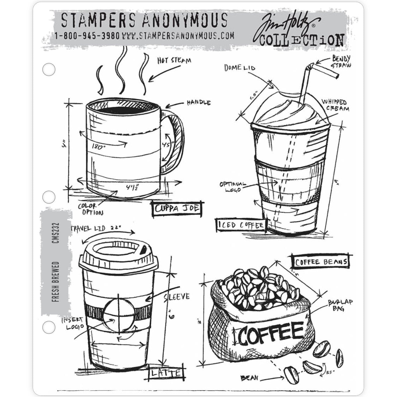 Fresh Brewed, Blueprint ... rubber stamps by Tim Holtz and Stampers Anonymous (cms232). 4 (four) designs - mug of hot beverage, cream topped drink in a tall paper cup with straw, takeaway coffee cup with lid, bag of beans. This set of cling rubber stamps are made of high quality red rubber, with each design deeply etched, neatly trimmed and mounted onto thick cling foam cushioning.