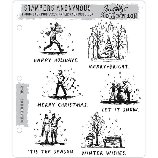 Holiday Sketchbook ... by Tim Holtz, made by Stampers Anonymous (CMS456). Set of 12 (twelve) cling mounted red rubber stamps.  A set of beautiful vintage hand drawn engravings of scenes and messages, perfect for Christmas cards, tags, journaling, scrapbooking, memory keeping, planners and other festive projects.