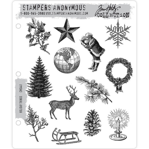 Holiday Things by Tim Holtz ... 13 (thirteen) rubber stamps made by Stampers Anonymous (CMS441).  Wonderful set of vintage engravings styled Christmas stamps. 