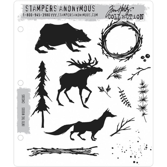 Into The Woods ... red stamps by Tim Holtz and Stampers Anonymous (CMS385). 14 (fourteen) designs featuring forest friends (bear, moose, fox or wolf), tall pine tree, basic twiggy wreath (to grow your own style upon), sticks, branches, foliage and leaves. Perfect compliment for art with fawns or deer on gift tags, greeting cards, making wrapping paper, adding to planners, using in journaling, documenting December, creating gifts, decorating homewares, home decor and any other seasonal festive occasion.