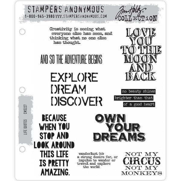 Life Quotes ... Stamps by Tim Holtz and Stampers Anonymous (cms227). 9 (nine) typographic quotes, designs on cling foam mounted, red rubber stamps.  A selection of phrases that add inspirational and meaningful thoughts to art journals or scrapbooking. 9 stamps in total.