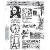 Mini Classics ... rubber stamps by Tim Holtz and Stampers Anonymous (CMS062). 12 (twelve) designs.    This wonderful vintage collection of imagery by Tim Holtz includes a mini Mona Lisa, a standing lion statue, row of pen nibs, the Eiffel Tower and more.