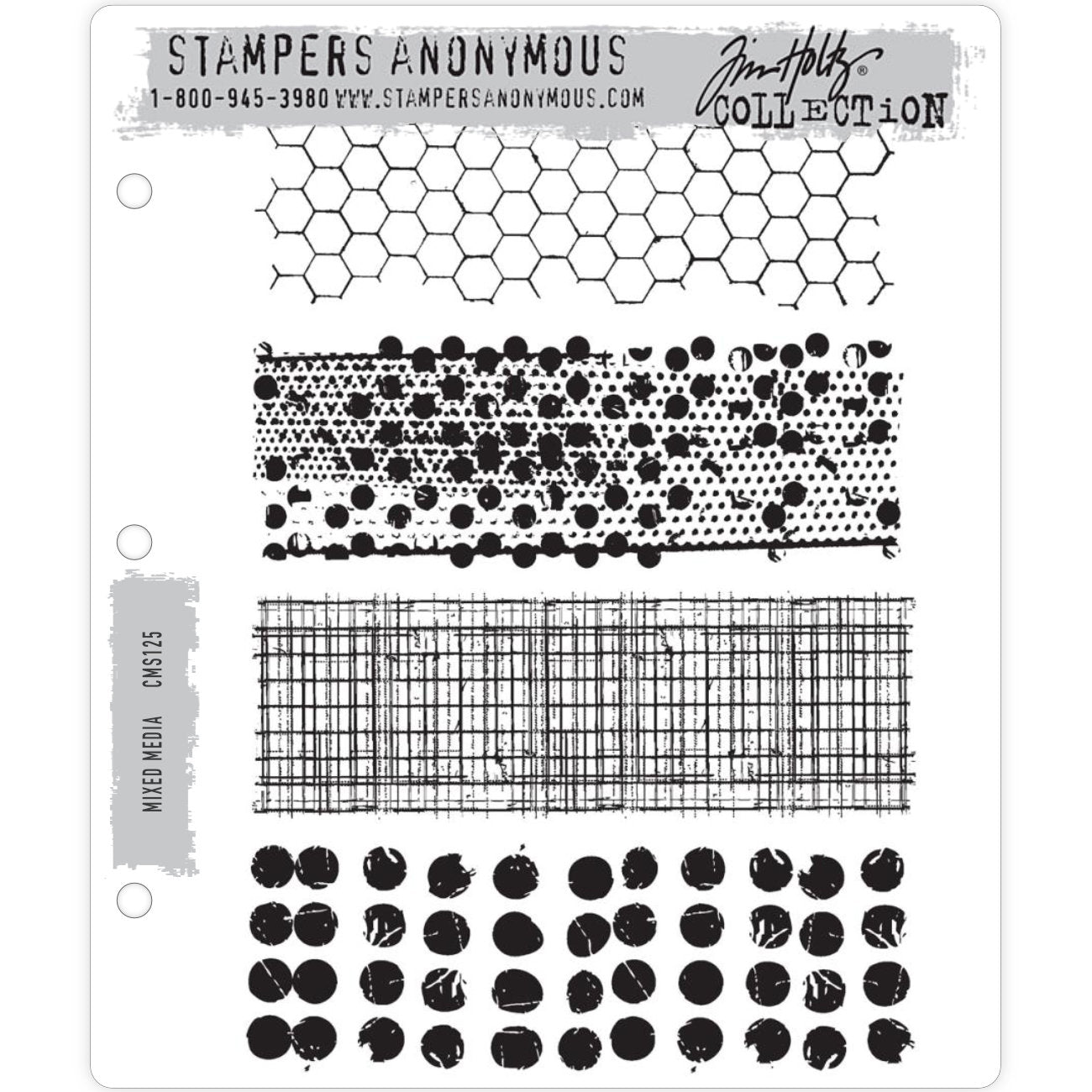 Mixed Media ... 4 (four) cling foam mounted, red rubber stamps by Tim Holtz and Stampers Anonymous (CMS125).   A wonderful set of beautiful versatile background stamps featuring honeycomb (chicken wire, hexagon repeating pattern), grunged spots, distressed graph pattern and distressed dots.  Sizes (approx) : Honeycomb is 5 1/4" x 2", dots strip is 5 1/2" x 1 7/8".