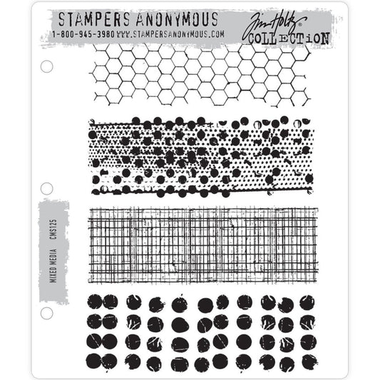 Mixed Media ... 4 (four) cling foam mounted, red rubber stamps by Tim Holtz and Stampers Anonymous (CMS125).   A wonderful set of beautiful versatile background stamps featuring honeycomb (chicken wire, hexagon repeating pattern), grunged spots, distressed graph pattern and distressed dots.  Sizes (approx) : Honeycomb is 5 1/4" x 2", dots strip is 5 1/2" x 1 7/8".