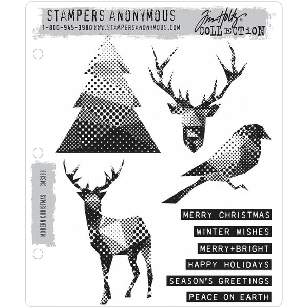 Modern Christmas ... 10 rubber stamps of reindeer, words, bird and Christmas tree - by Tim Holtz (CMS388)