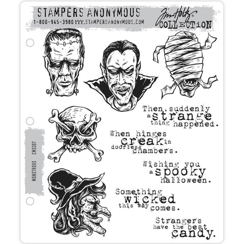 Monstrous ... Cling Mounted Stamps by Tim Holtz  - 5 (five) characters and 5 (five) spooky sayings. Made by Stampers Anonymous (cms307). 