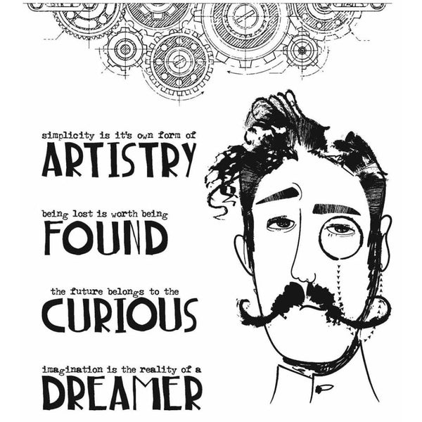 Observations ... rubber stamps by Tim Holtz and Stampers Anonymous (CMS434). 6 (six) designs featuring bubbles of cogs, 4 quotes and 1 stylish gentleman.   A kindly looking gentleman (bloke, man, fella) wearing a monicle, long twirled moustache and rustled hair, with a finely drawn image of cogs (looks like bubbles in a tiny thumbnail so I dubbed them bubbly cogs! lol), and 4 (four) quotes with wonderful sayings and thoughts. 