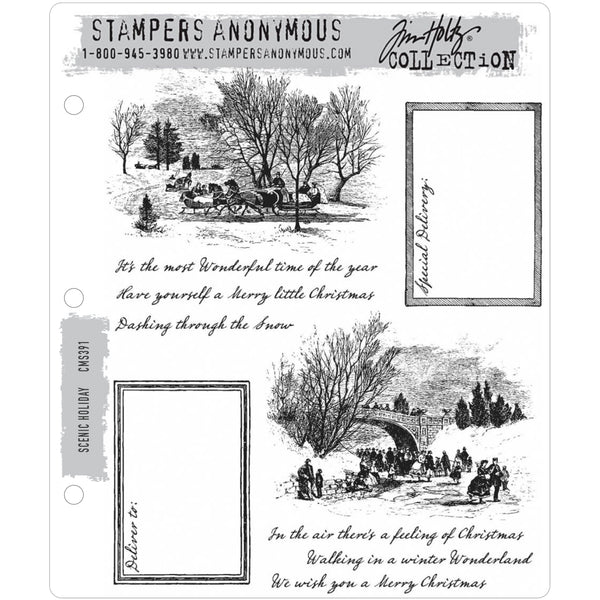 Scenic Holiday ... 10 rubber stamps by Tim Holtz (CMS391). Set of Christmas snowy scenes with horses and sleighs, plus labels