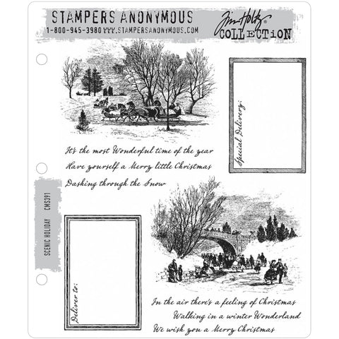 Scenic Holiday ... 10 rubber stamps by Tim Holtz (CMS391). Set of Christmas snowy scenes with horses and sleighs, plus labels