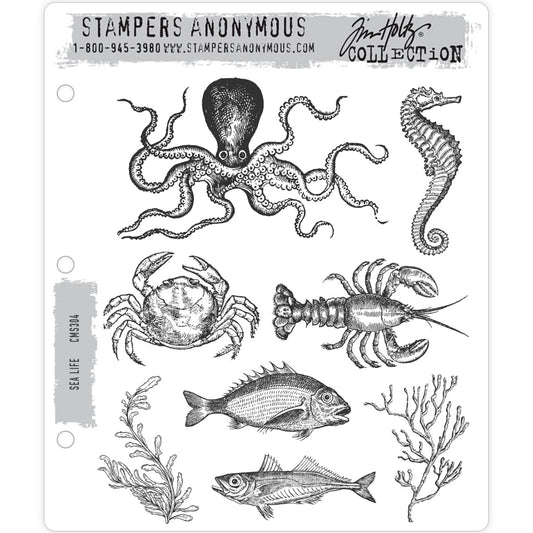 Sea Life ... red rubber cling mounted stamps by Tim Holtz and Stampers Anonymous. 8 (eight) designs featuring an octopus, seahorse, crab, lobster, two fix and two ocean growing plants (cms304).

The underwater world is fascinating&nbsp;and full of life, both big and tiny. This stamp set by Tim Holtz includes eight stamps - seaweed, coral, an octopus, seahorse, crab, lobster (or crayfish), and 2 large ocean fish.