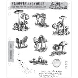 Tiny Toadstools ... 11 (eleven) rubber stamps by Tim Holtz (CMS377).   This unique collection of stamps features 7 species of toadstool, mushrooms and fungi with a few splatters (spores), labels and scripts. Check out the pictures for details.  Sizes (approx) : Morel mushrooms (left centre) is 1 5/16" x 1 5/16".