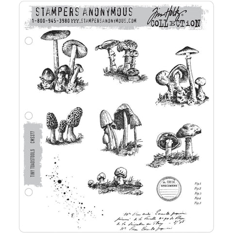 Tiny Toadstools ... 11 (eleven) rubber stamps by Tim Holtz (CMS377).   This unique collection of stamps features 7 species of toadstool, mushrooms and fungi with a few splatters (spores), labels and scripts. Check out the pictures for details.  Sizes (approx) : Morel mushrooms (left centre) is 1 5/16" x 1 5/16".