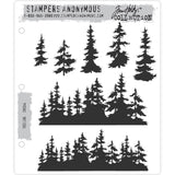 Tree Line ... stamp set by Tim Holtz and Stampers Anonymous (CMS244). 7 (seven) designs of trees in single standing and forest.   These wonderful tall trees (pine trees, forest, hill tops) are perfect treelines and individual trees for so many occasions. Fantastic for layering landscapes and other scenes using stamps, watercolours and inks. Layer the treeline stamps for depth and interest. Perfect for all year round as well as Christmas (for Santa's sleigh to fly over) or starry night skies.