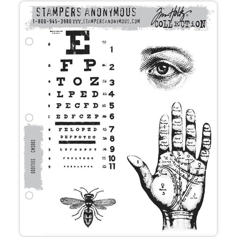 Tim Holtz cling Rubber Stamp Set by Stampers Anonymous CMS083 Oddities, with eyechart, hand chart, eye and bee